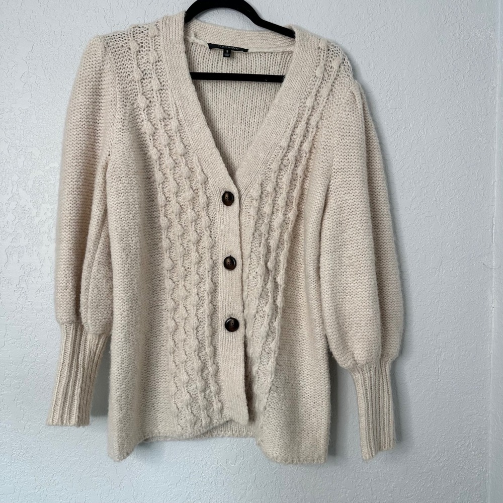 TOCCIN NY  Neutral Chunky Knit Cardigan | Puff Sleeve Cozy Fall‎ Sweater size Sm